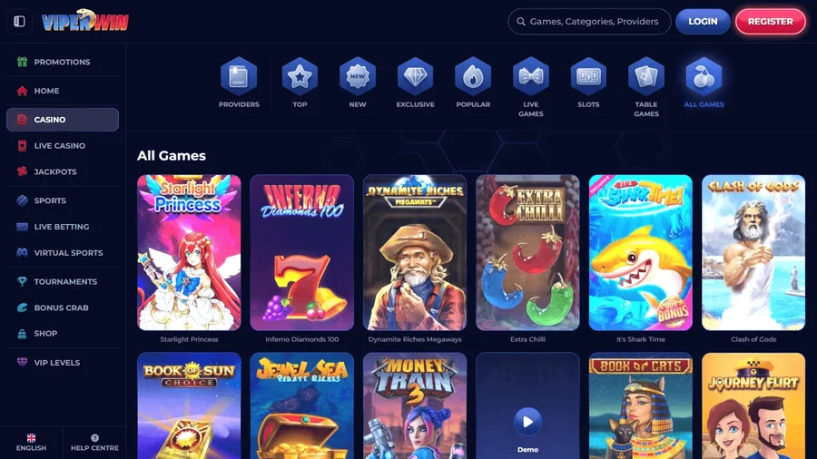 Catalogue jeux dans l'application ViperWin filtre par provider