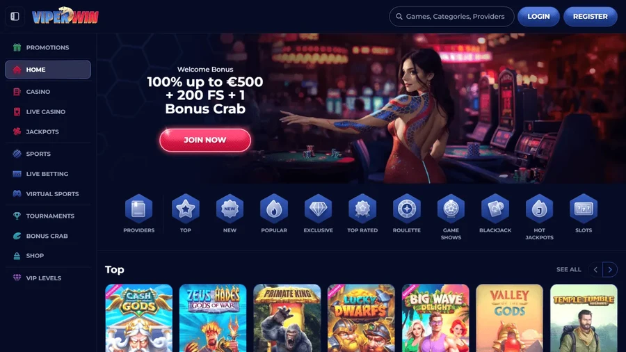 Application mobile ViperWin sur smartphone Android avec lobby slots et tables live