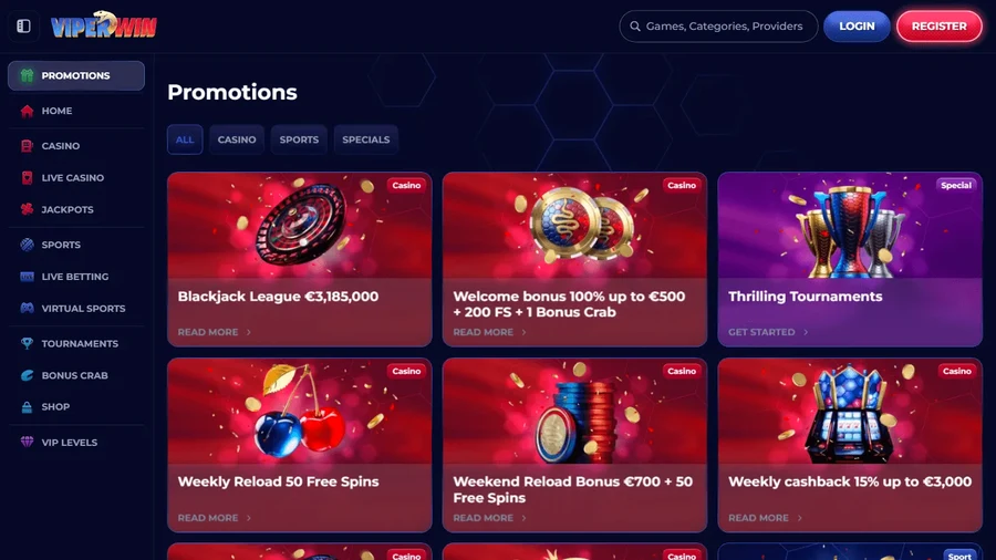 Page promotions et cashback dans l'app ViperWin